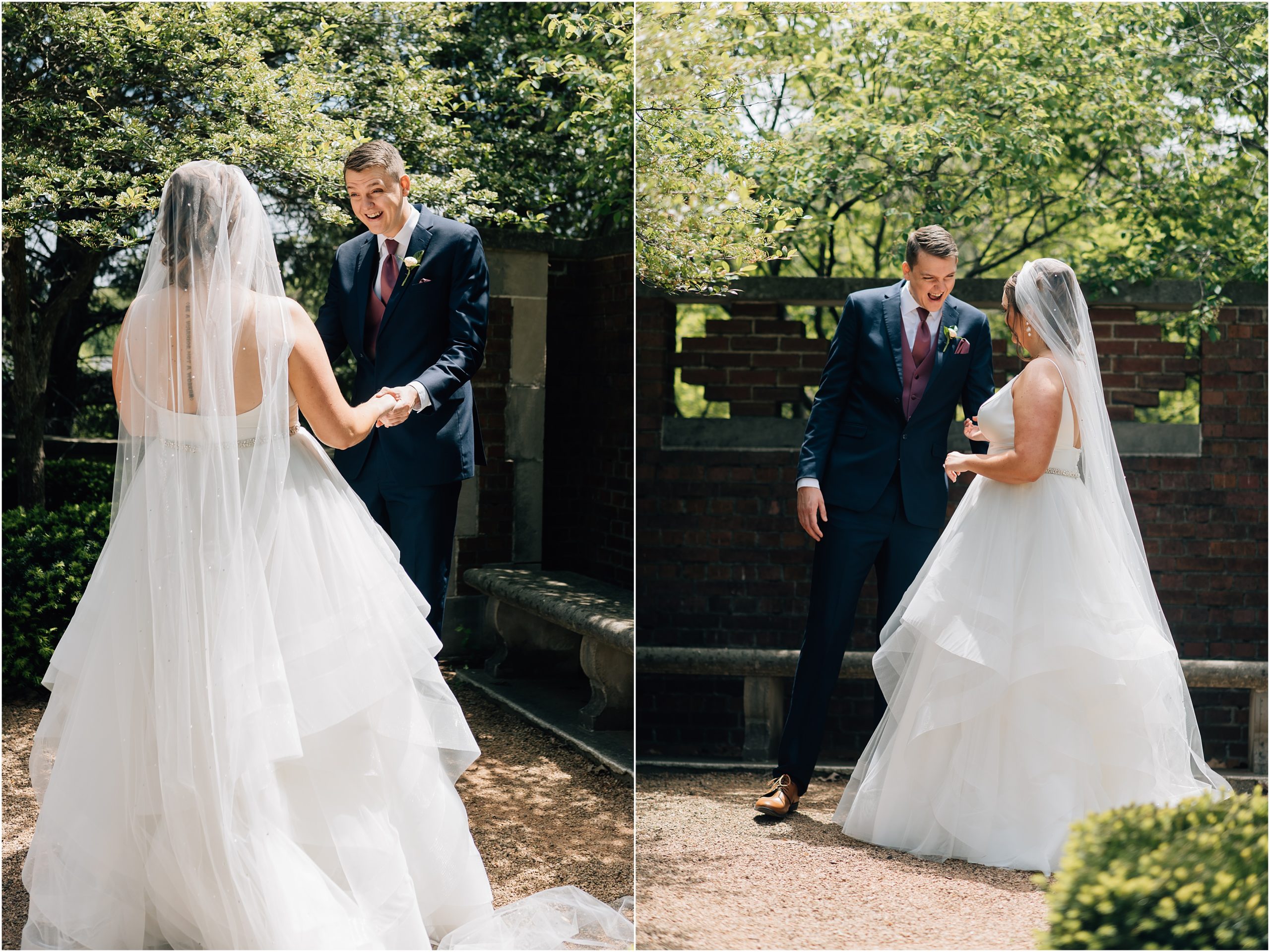 Couple shares a first look in the courtyard at Rollins Mansion. The groom is smiling at the bride and laughing. Photo by Anna Brace, who specializes in Omaha wedding photography.