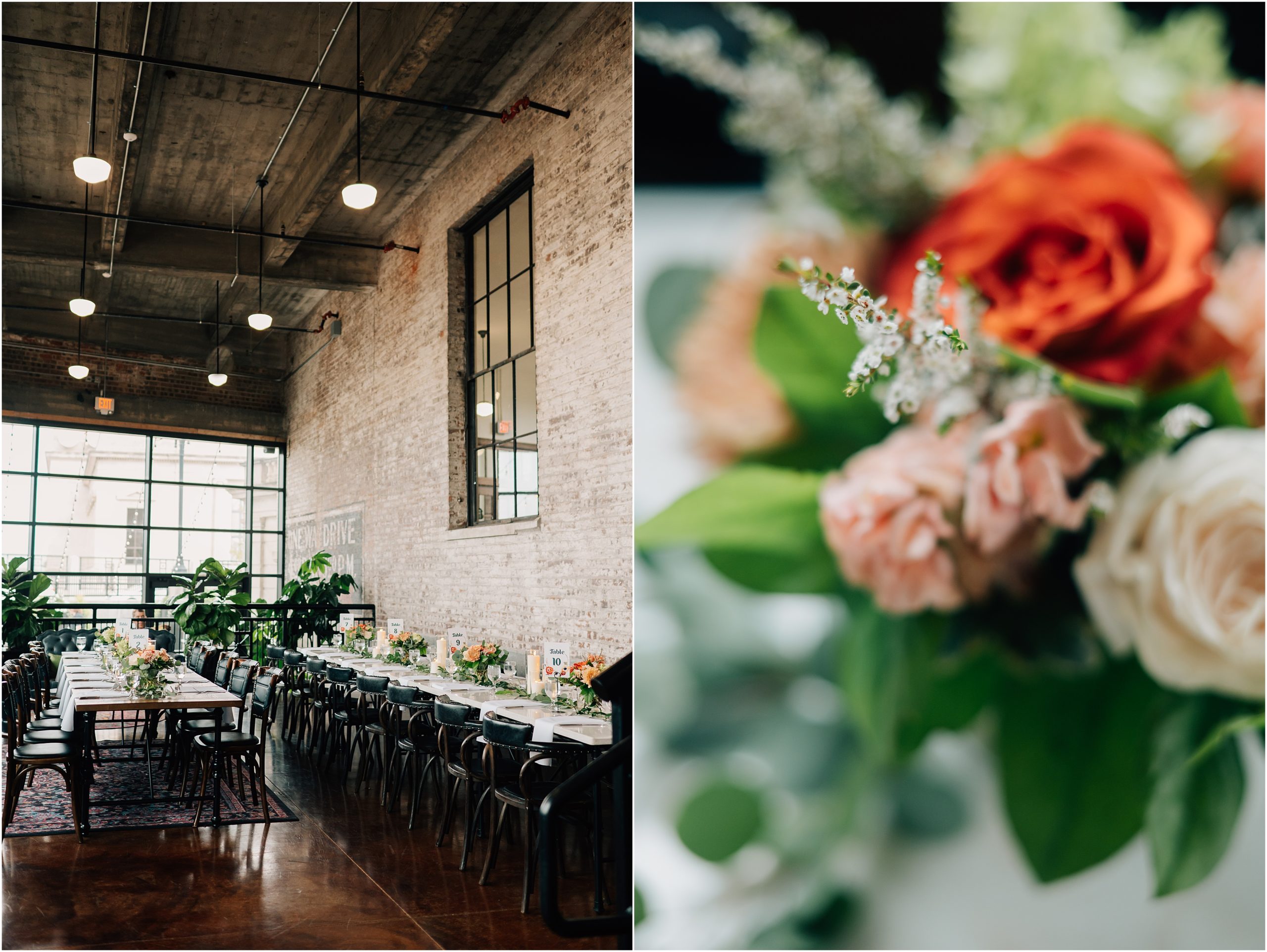 Cafe Postale serves as the perfect wedding venue in omaha NE for this simple and colorful wedding. Peach and burnt orange florals with brick walls. Photo by Anna Brace, who specializes in Omaha Nebraska Wedding Photography. 
