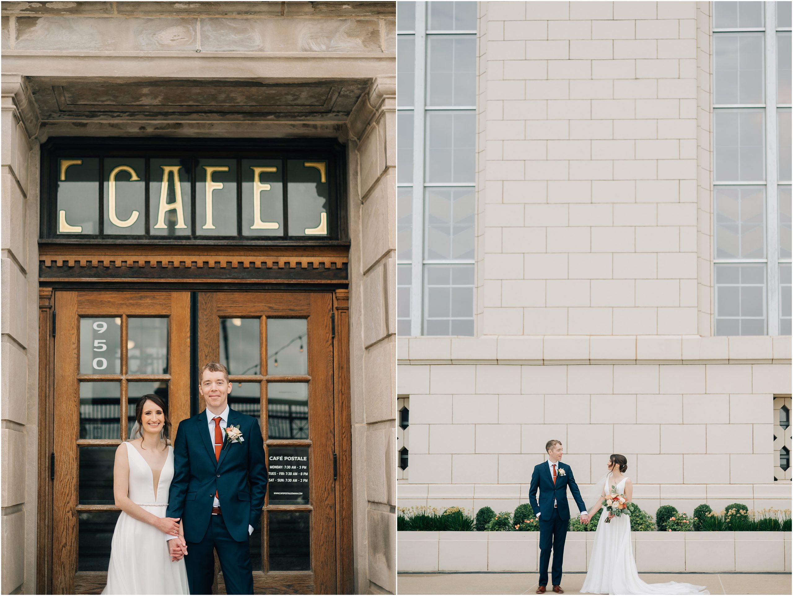 Omaha Nebraska Wedding Venue, Cafe Postale serves as a backdrop for the a bride and groom. Photo by Anna Brace, who specializes in Omaha Wedding Photography.
