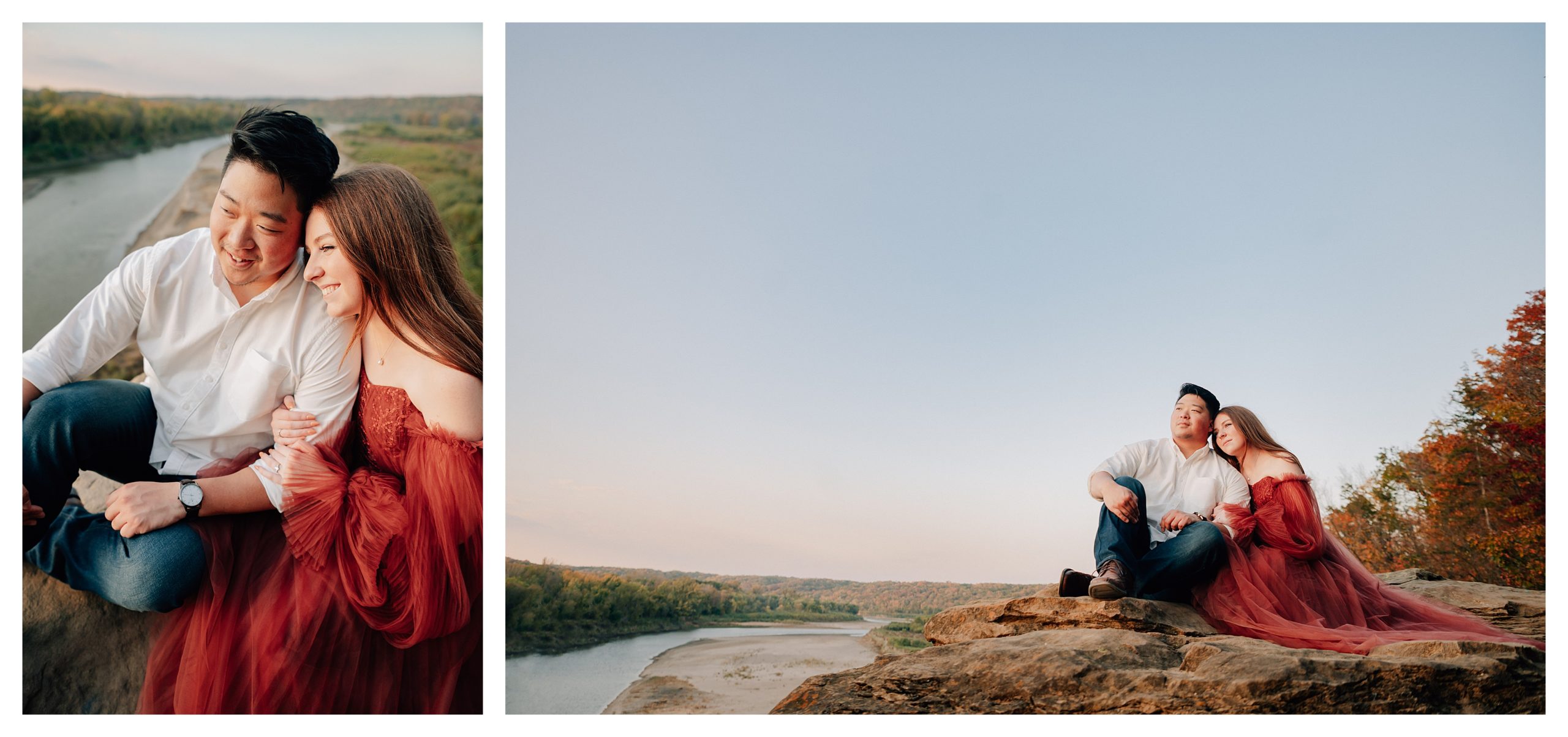 Engaged couple sits on a rock at Ledges State Park during their engagement photos. Photo by Des Moines wedding photographer, Anna Brace. 