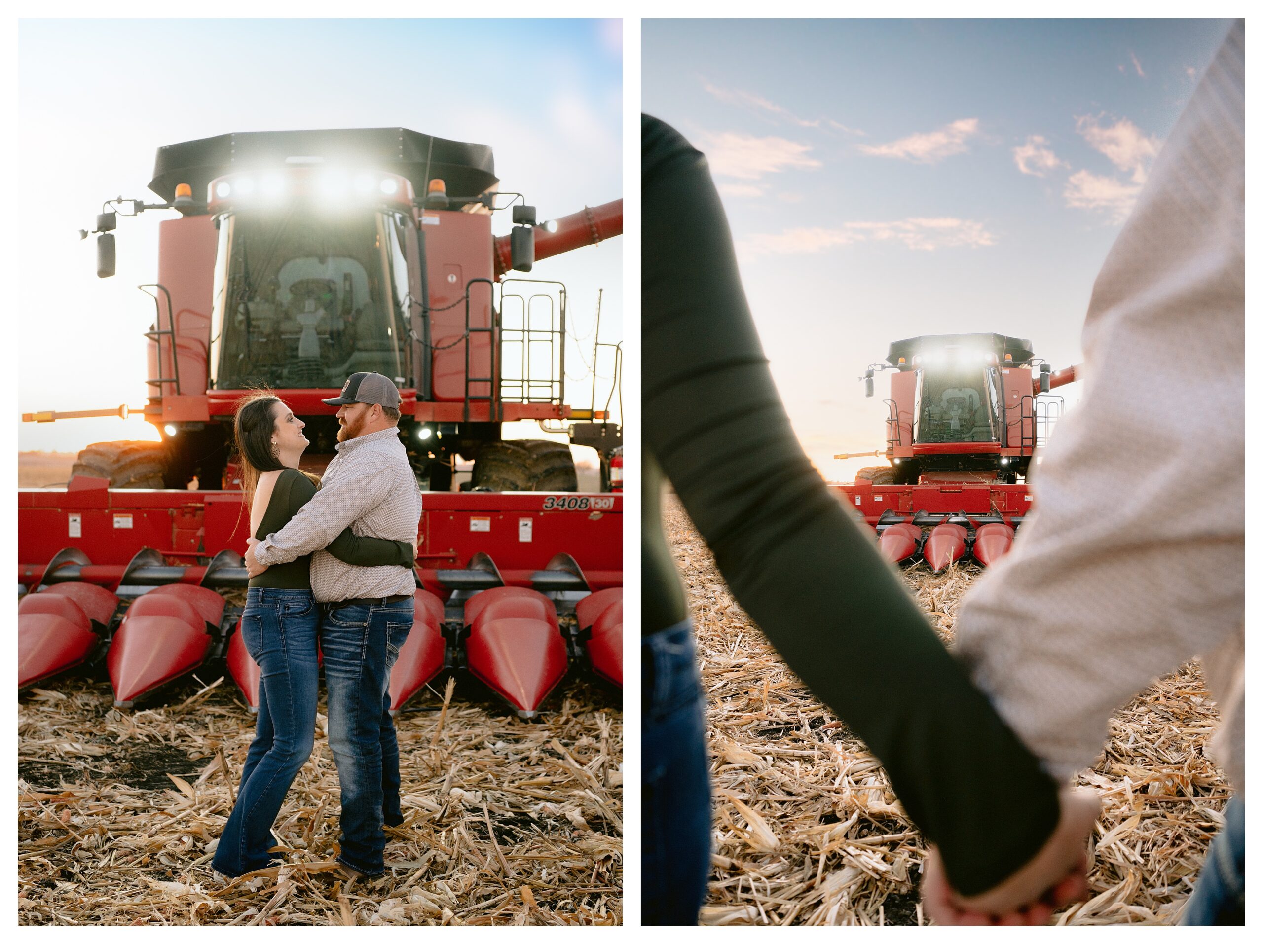 Engagement couple smiles at each other in front of a Case IH Combine during their farm engagement photos by Anna Brace Photography, an Omaha Wedding Photographer.
