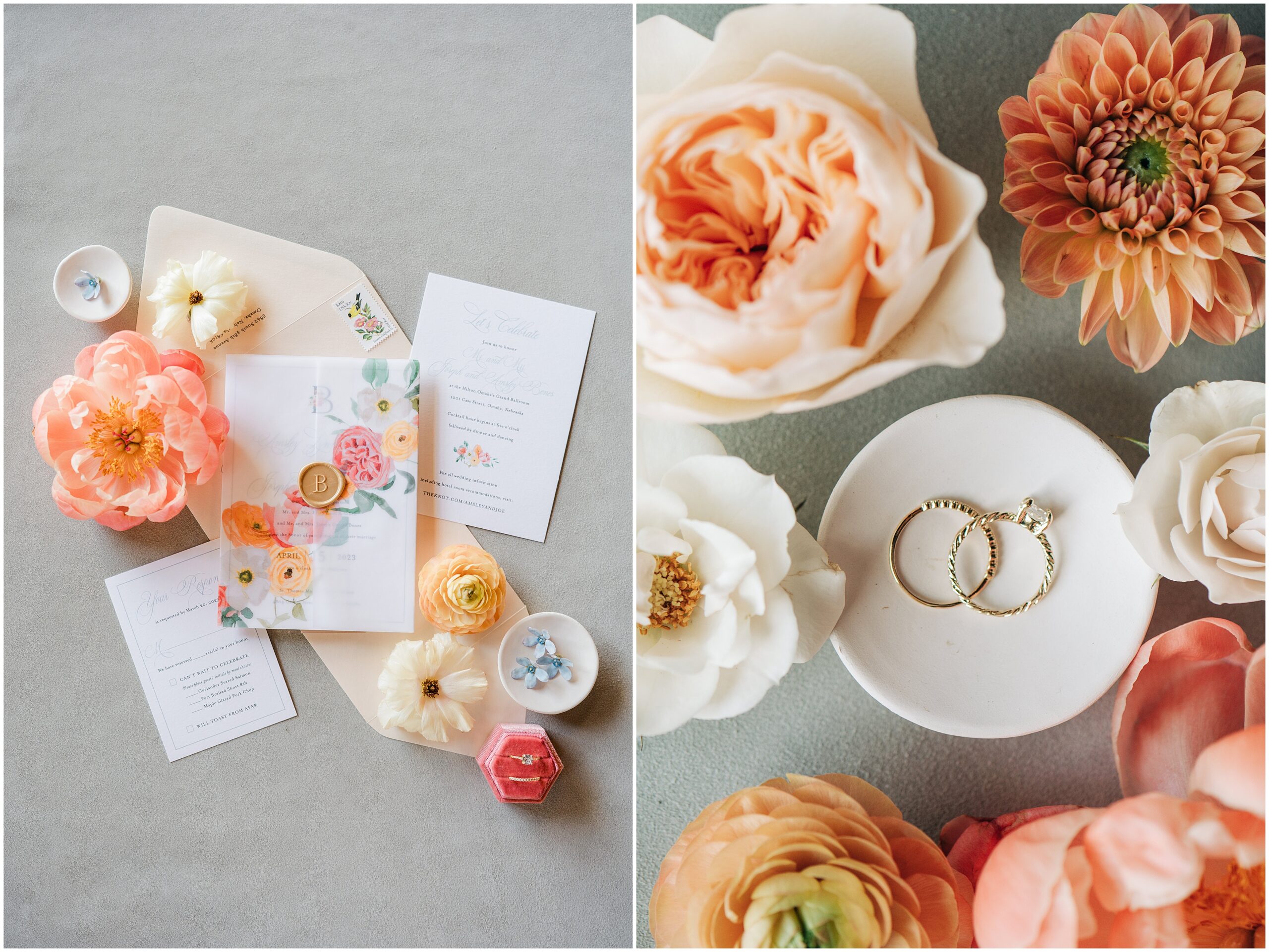 Dana Osborne Design created a blush, peach, and blue wedding invitation with a floral vellum wrap and gold seals. Photography by Omaha Wedding Photographer 
Anna Brace.